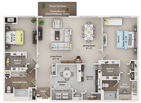 Floor plan for 2 beds, 2 baths, 1390 sqft